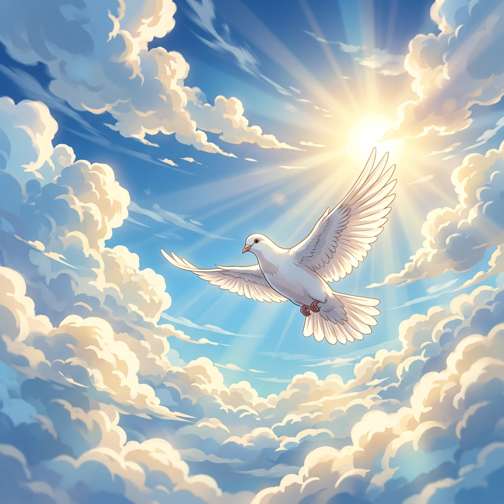 White dove flying through sunlit clouds beneath a bright sun