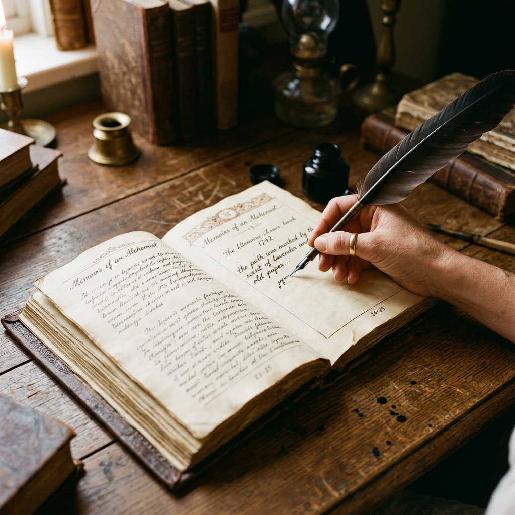 Hand writing in journal titled “Memoirs of an Alchemist”