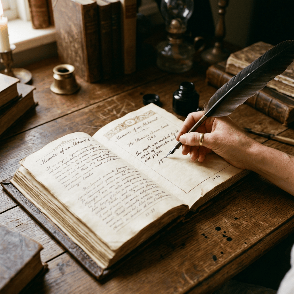 Hand writing in journal titled “Memoirs of an Alchemist”