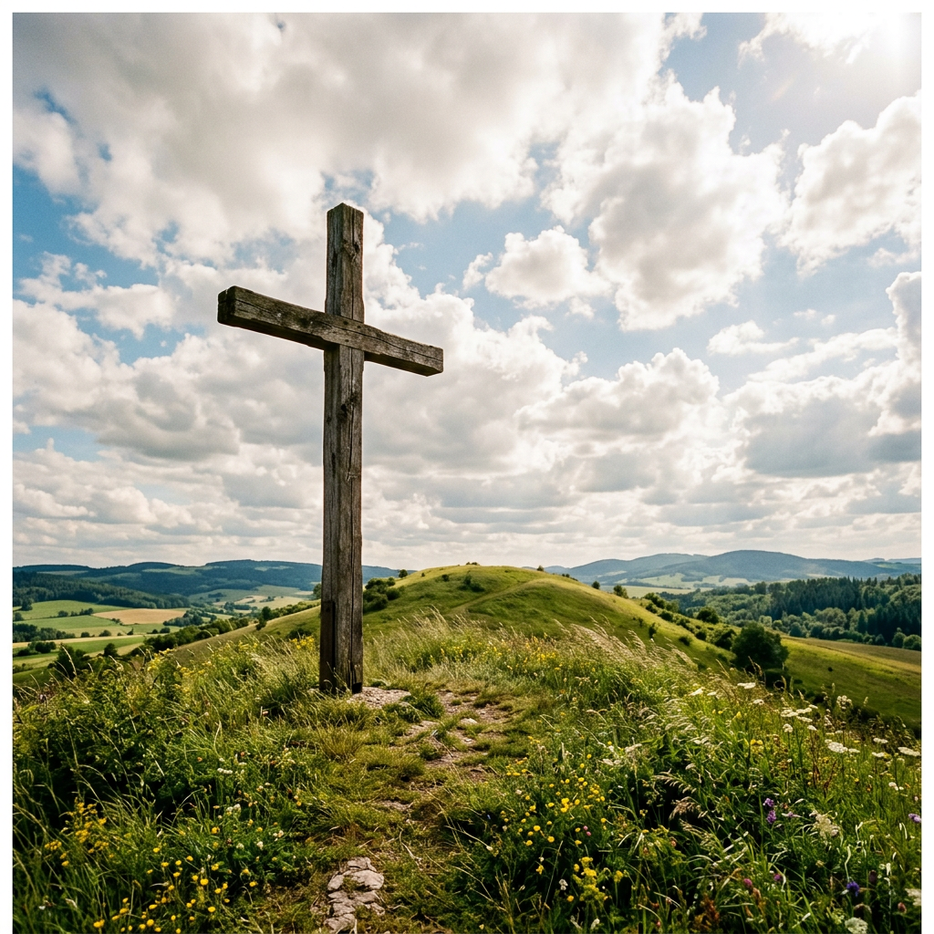 Weathered wooden cross on a wildflower-covered hill overlooking green countryside