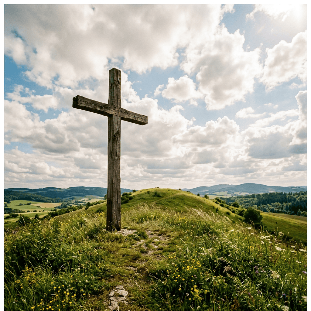 Weathered wooden cross on a wildflower-covered hill overlooking green countryside