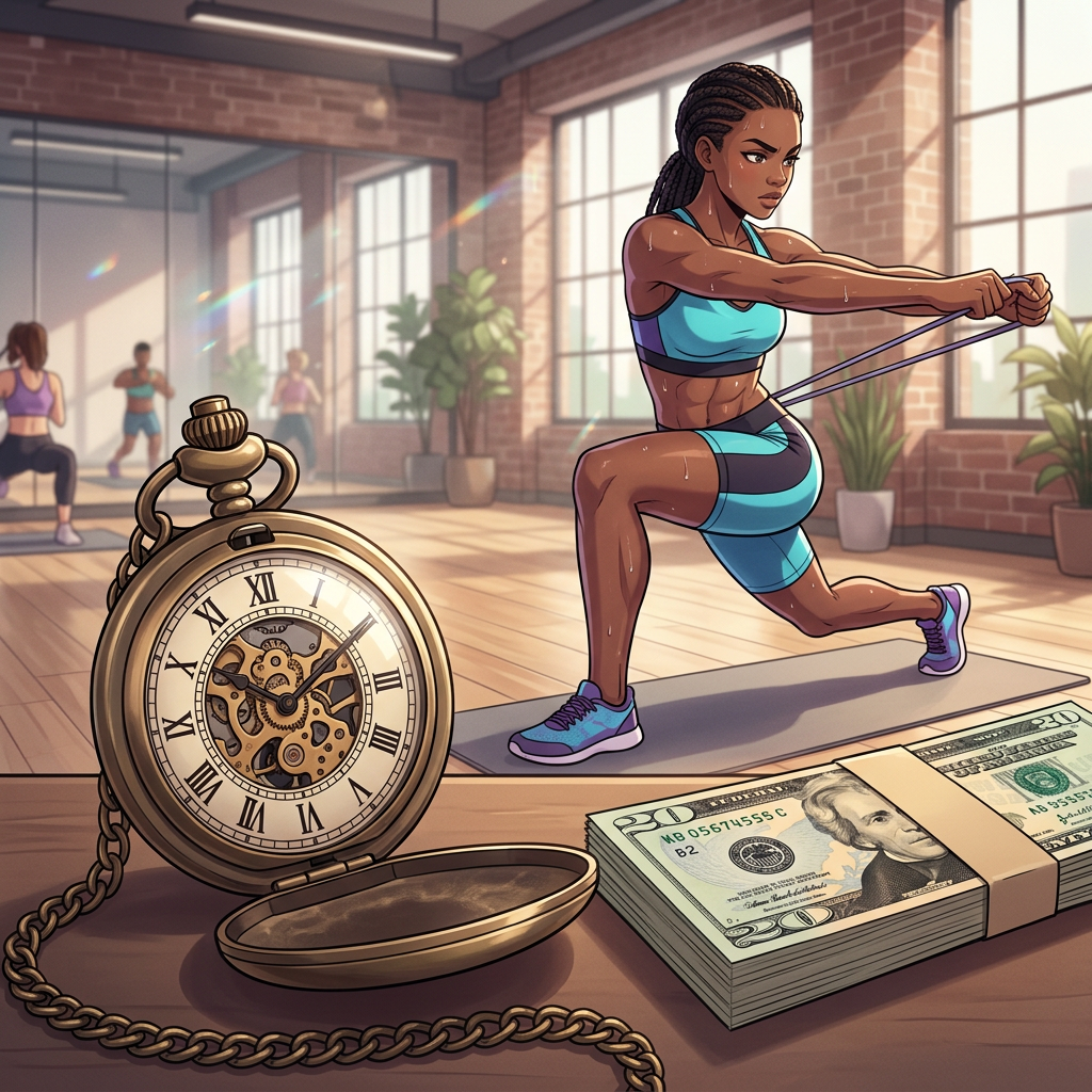 Woman doing resistance training beside stopwatch and stacks of money