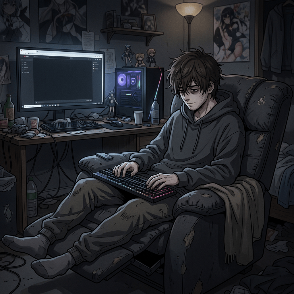 Tired young man gaming in a cluttered bedroom beside a glowing computer setup