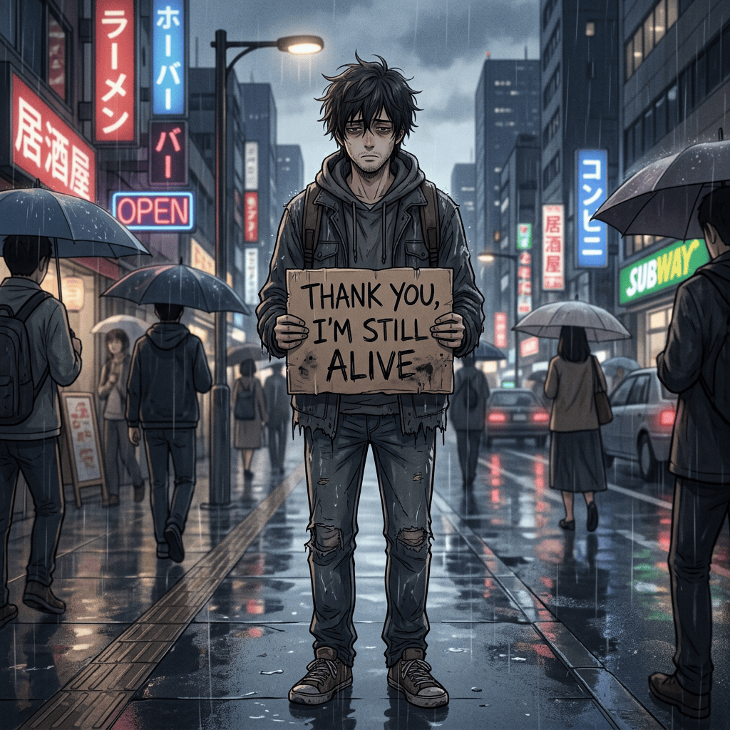 Person holding a sign reading “THANK YOU, I’M STILL ALIVE” in rainy city